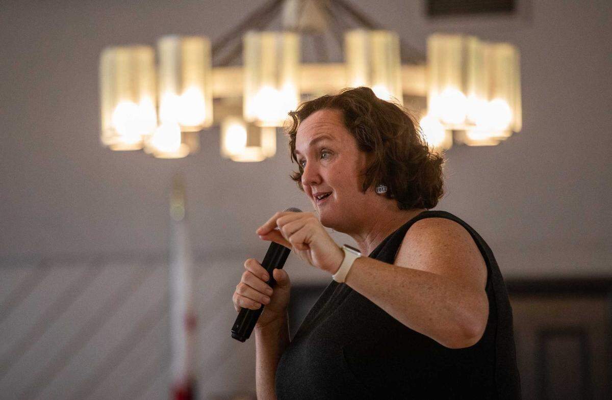 Rep. Katie Porter addresses a Huntington Beach crowd during a campaign stop in October. The Orange County Democrat announced she’d run for the Senate seat currently held by Dianne Feinstein.