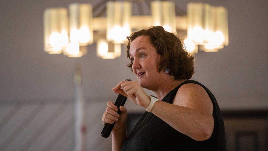 Rep. Katie Porter addresses a Huntington Beach crowd during a campaign stop in October. The Orange County Democrat announced she’d run for the Senate seat currently held by Dianne Feinstein.