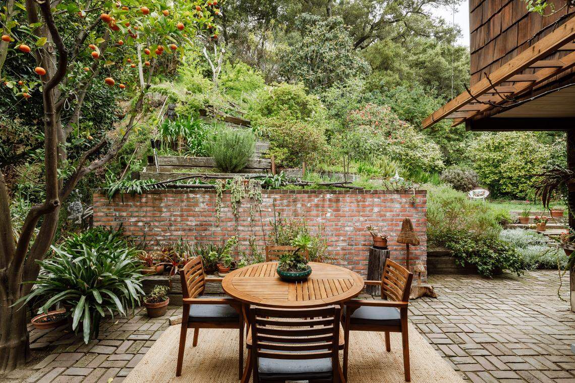 Terraced outdoors spaces and views of Coast Live Oak and neighboring Norfolk Island Pines stretch the lot lines to appear larger than the 0.11 acre property.