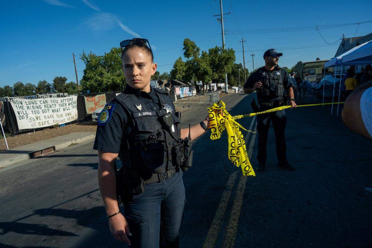Sacramento Police put up crime scene tape on Monday to move journalists farther down Colfax Street toward Arden Way, indicating that the area surrounding Camp Resolution is a crime scene and blocking media access while they cleared the longtime homeless encampment.