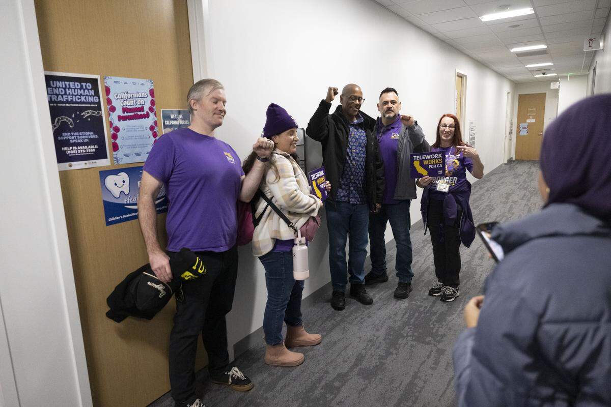 SEIU members lobby for telework at the Capitol Swing Space on Wednesday.