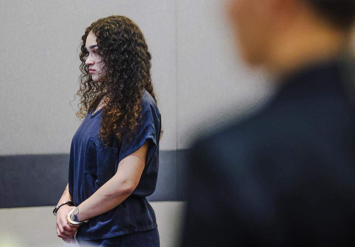 Sakari Harnden, who faces murder charges in connection with the disappearance of a woman whose remains were found in Henderson, Nev., appears in court for a status check at the Regional Justice Center in Las Vegas on Dec. 20. Harnden and former professional basketball player Chance Comanche are accused of luring Marayna Rodgers away from her friends to kill her.