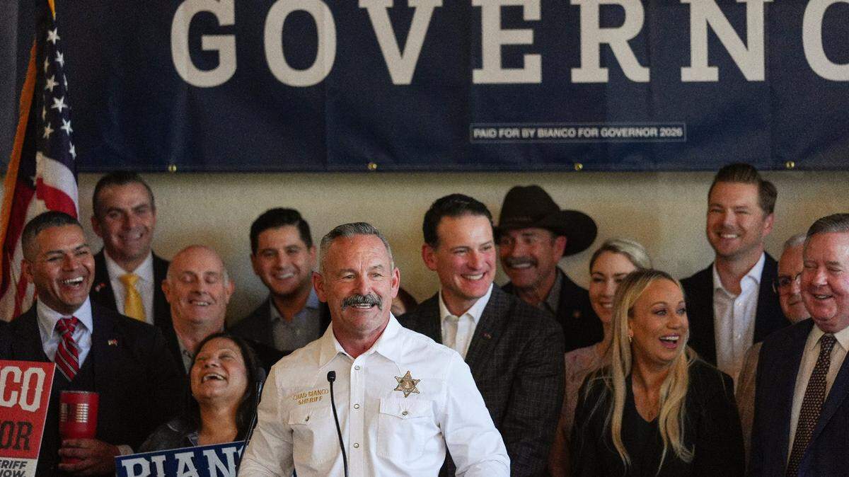 Riverside County Sheriff Chad Bianco speaks while announcing his candidacy for Governor at Avila's Historic 1929 Event Center in Riverside, Calif., Feb. 17, 2025.