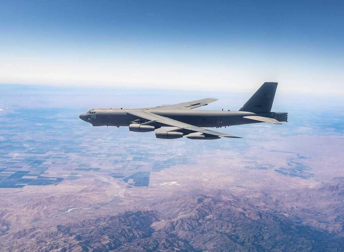 A B-52 from Edwards Air Force Base flies over the Southern California desert in May 2024. Eight people were killed when a B-52 crashed shortly after takeoff from Edwards Air Force Base on Monday, June 15, 2026.