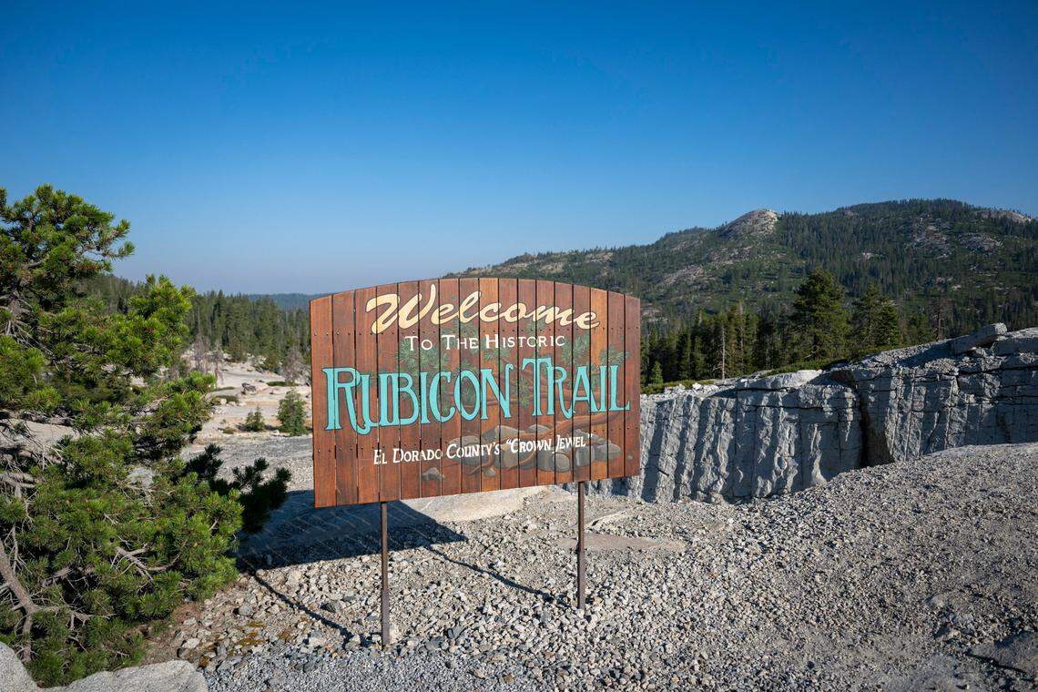 A sign welcomes people to the Rubicon Trail in El Dorado County. The trail is frequented by off-road vehicles.