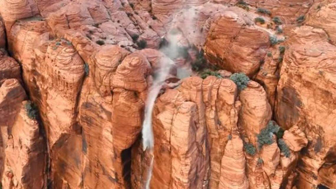 Professional photographer RJ Hooper captured video of a rare “reverse waterfall” in high winds in a Utah canyon, a Facebook post says.