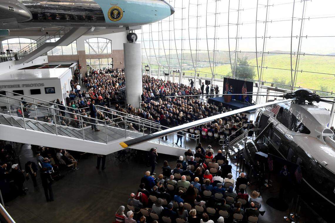 Hundreds gather in the Air Force One Pavilion of the Ronald Reagan Presidential Library & Museum in Simi Valley as Florida Gov. Ron DeSantis speaks on Sunday.