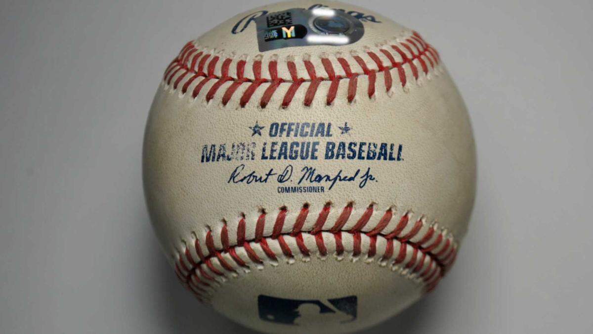 A game-used baseball hit by Jacob Wilson for a two-run home run in the seventh inning against the Texas Rangers is shown in an April 15, 2026, photo from Sutter Health Park in West Sacramento. The ball, which marked the game-winning hit in a 6-5 victory, has received eight bids, the most of any item in the Athletics’ current online auction.