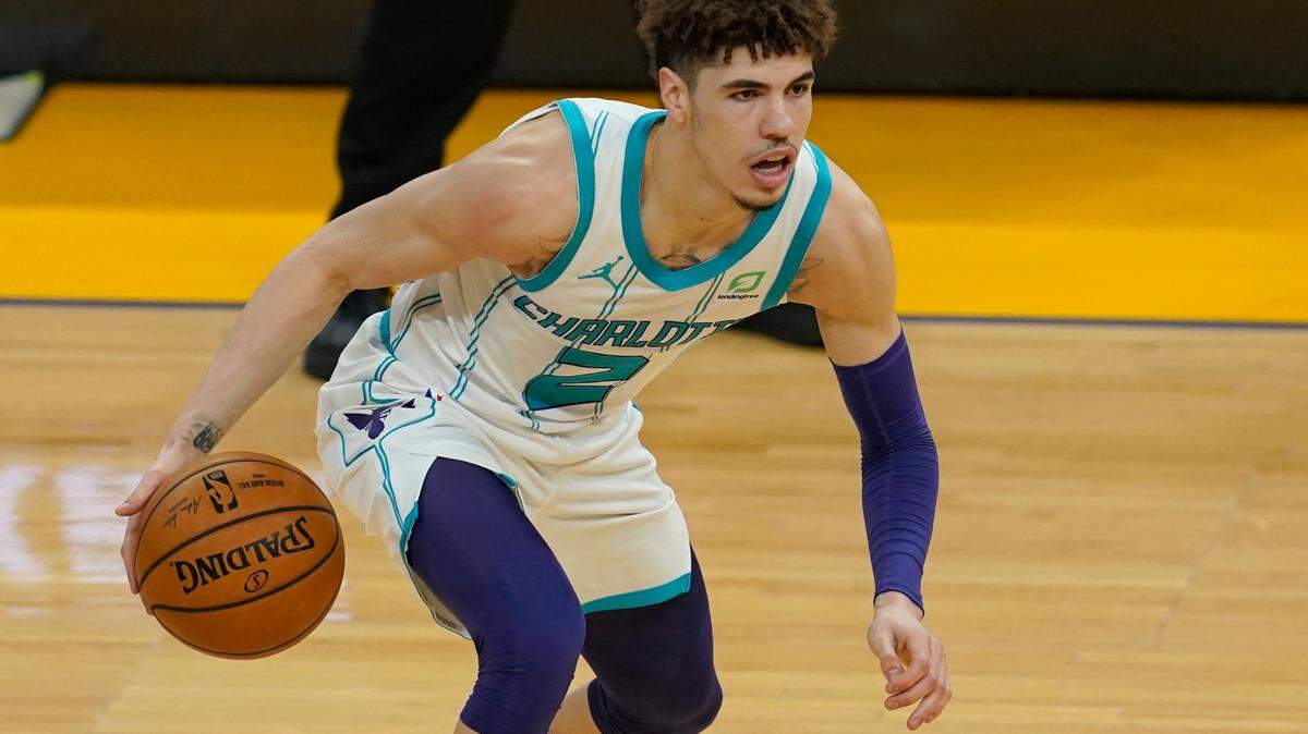Charlotte Hornets guard LaMelo Ball during an NBA basketball game against the Golden State Warriors in San Francisco, Friday, Feb. 26, 2021. (AP Photo/Jeff Chiu)