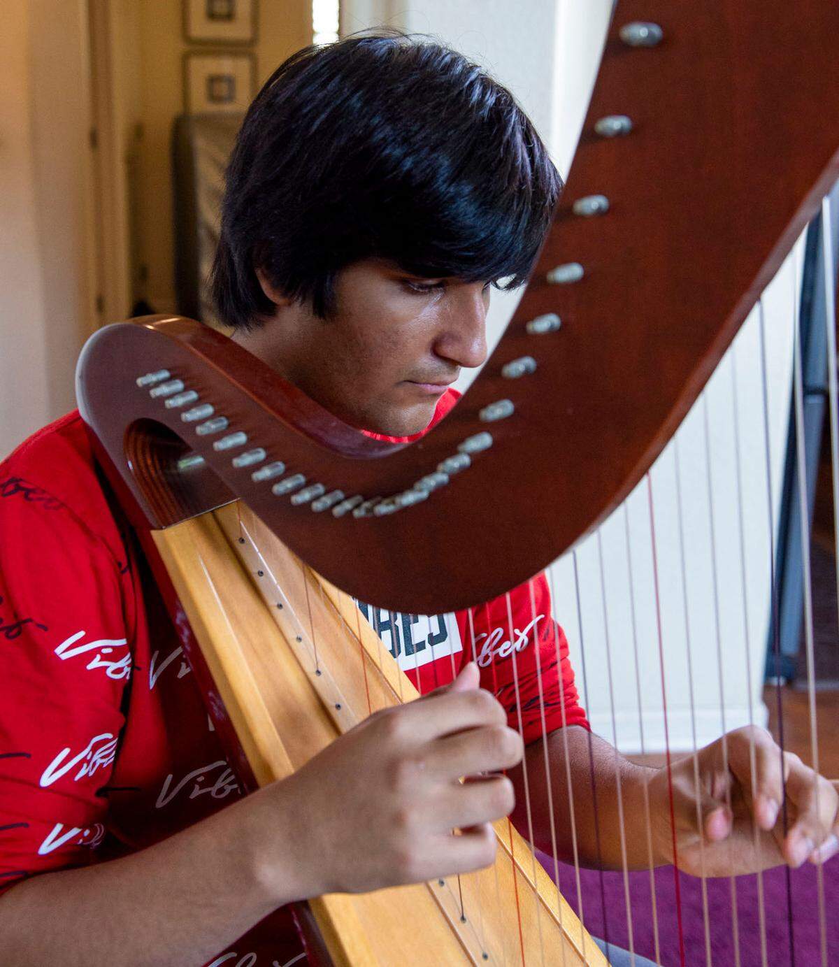 Neil Nayyar, 16, plucks notes on a harp while practicing Friday, May 6, 2022, at his home in Elk Grove. He fell in love with music when he played his first set of drums at age six and was told he played like “an old pro.” He now plays over 100 musical instruments from around the world.