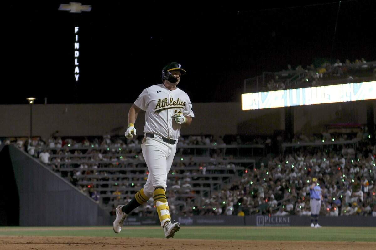 LAS VEGAS, NEVADA - JUNE 08: Nick Kurtz #16 of the Athletics rounds the bases after hitting a home run against the Milwaukee Brewers during the sixth inning of a game at Las Vegas Ballpark on June 08, 2026 in Las Vegas, Nevada. (Photo by Ian Maule/Getty Images)