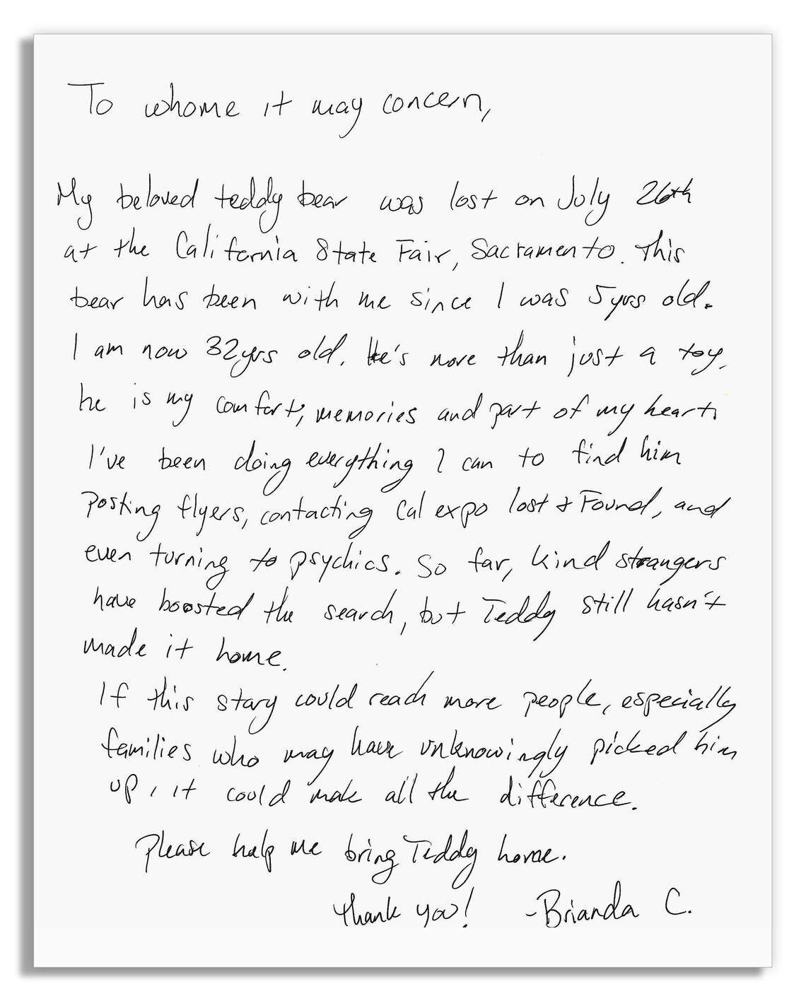 A handwritten note by Brianda Cuellar, on the back of her reward flyer for her lost teddy bear, describes her history with Teddy.
