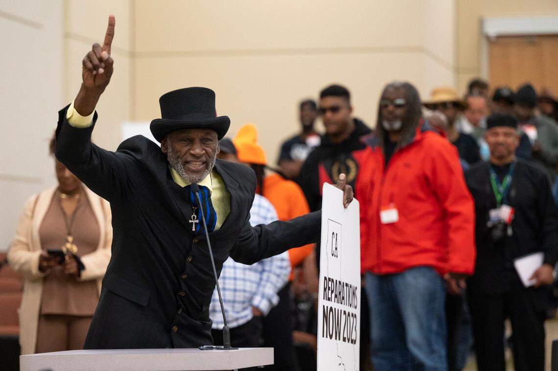 Morris Griffin, of Los Angeles, speaks during the public comment portion of the Reparations Task Force meeting at the CalEPA Building in Sacramento on Friday. The task force is studying reparations proposals for African Americans, with special consideration for U.S. descendants of enslaved persons.