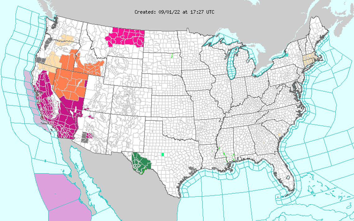 United States map for weather advisories. The Western U.S. is under a heat dome Labor Day weekend.