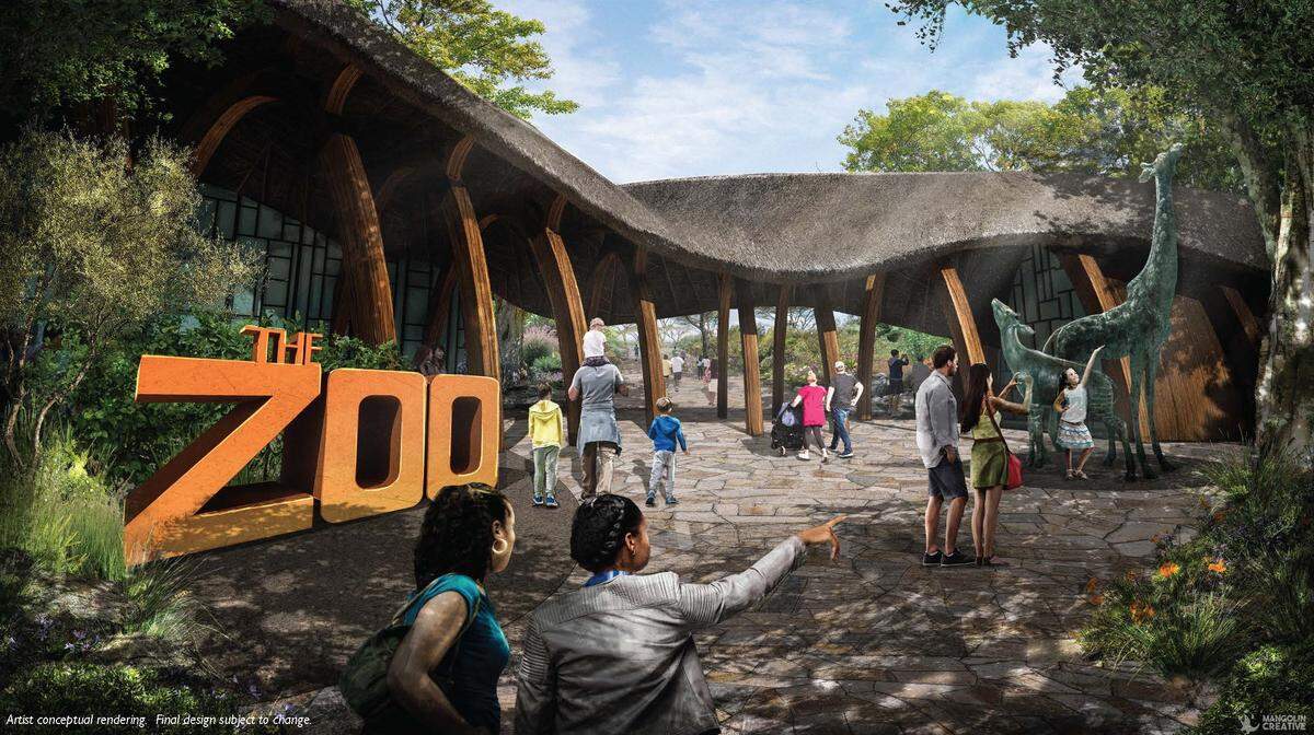 A conceptual rendering released on Nov. 16 by the Sacramento Zoological Society and the City of Elk Grove shows the entrance to the relocated zoo in Elk Grove.