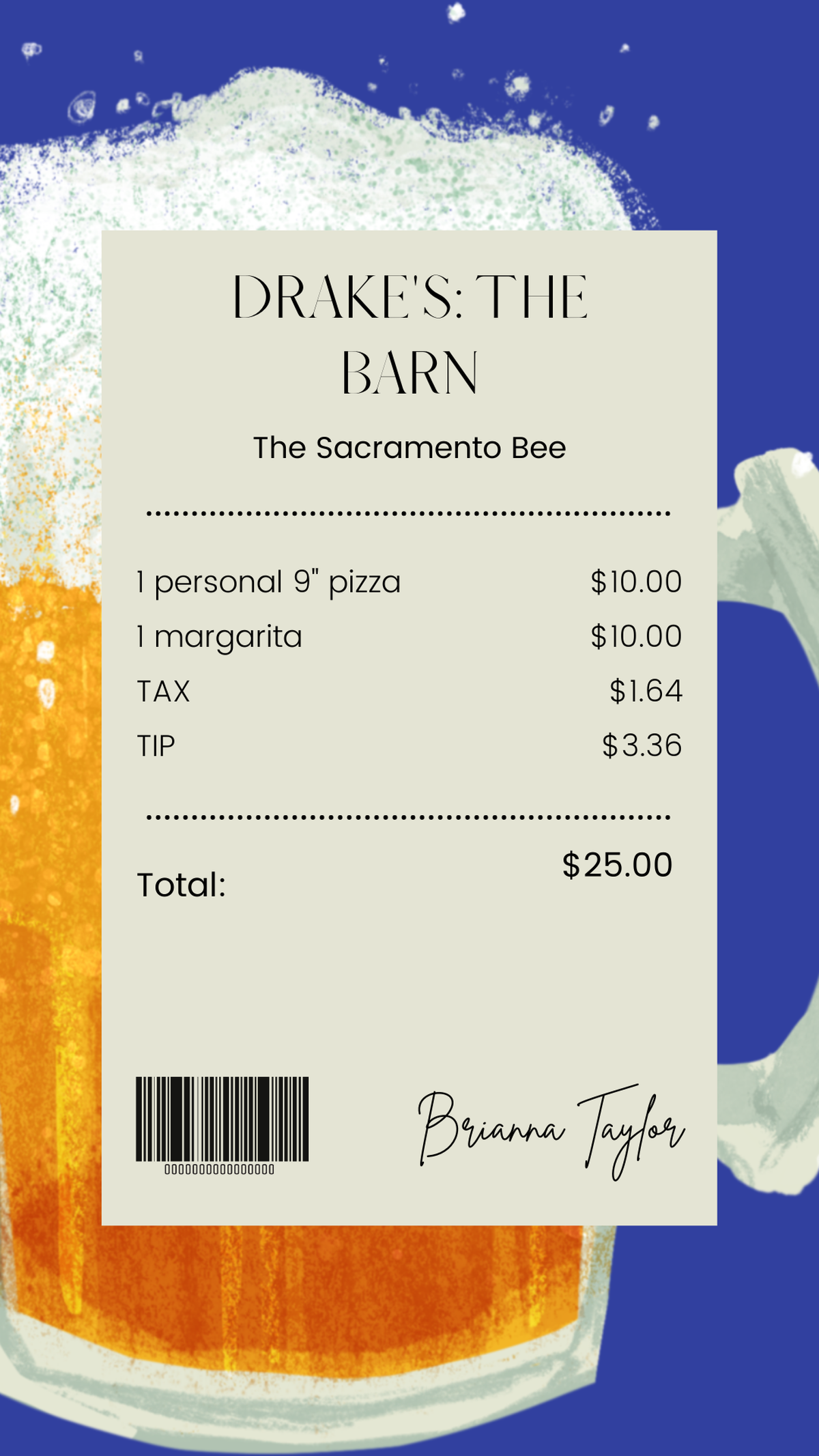 Service journalism reporter Brianna Taylor visits Drake’s: The Barn at 985 Riverfront St., West Sacramento on Nov. 20, 2022 with $25. She spends her entire budget on a personal pizza, margarita and service tip.