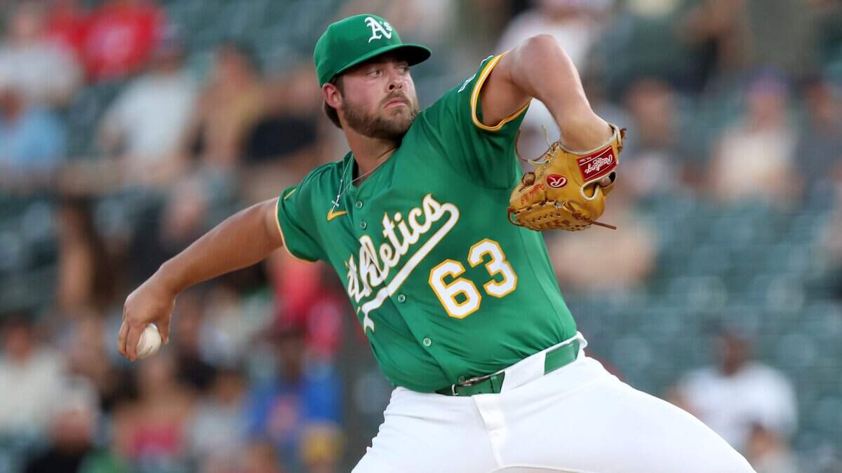 Aug 30, 2025; West Sacramento, California, USA; Athletics starting pitcher Mason Barnett (63) throws a pitch against the Texas Rangers during the first inning at Sutter Health Park. Mandatory Credit: Dennis Lee-Imagn Images