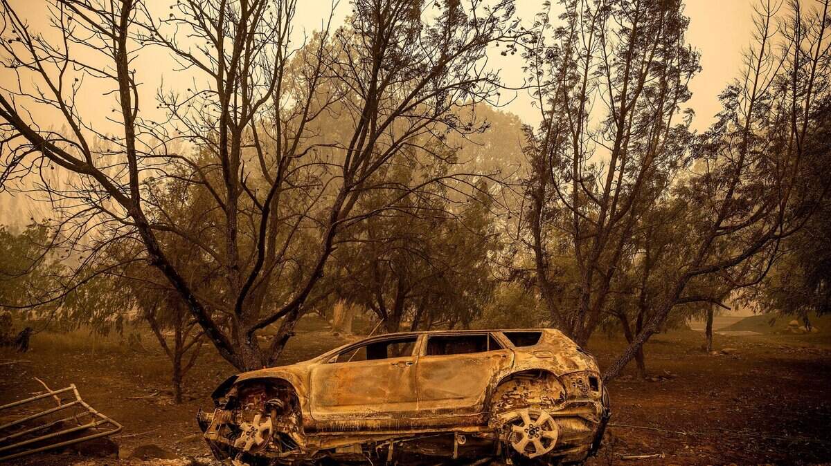 A scorched vehicle rests sits next to a driveway as the McKinney Fire burned in Klamath National Forest in July. The sister of Kathy Shoopman, Forest Service wildfire lookout killed in the blaze, is suing electric utility PacifiCorp.