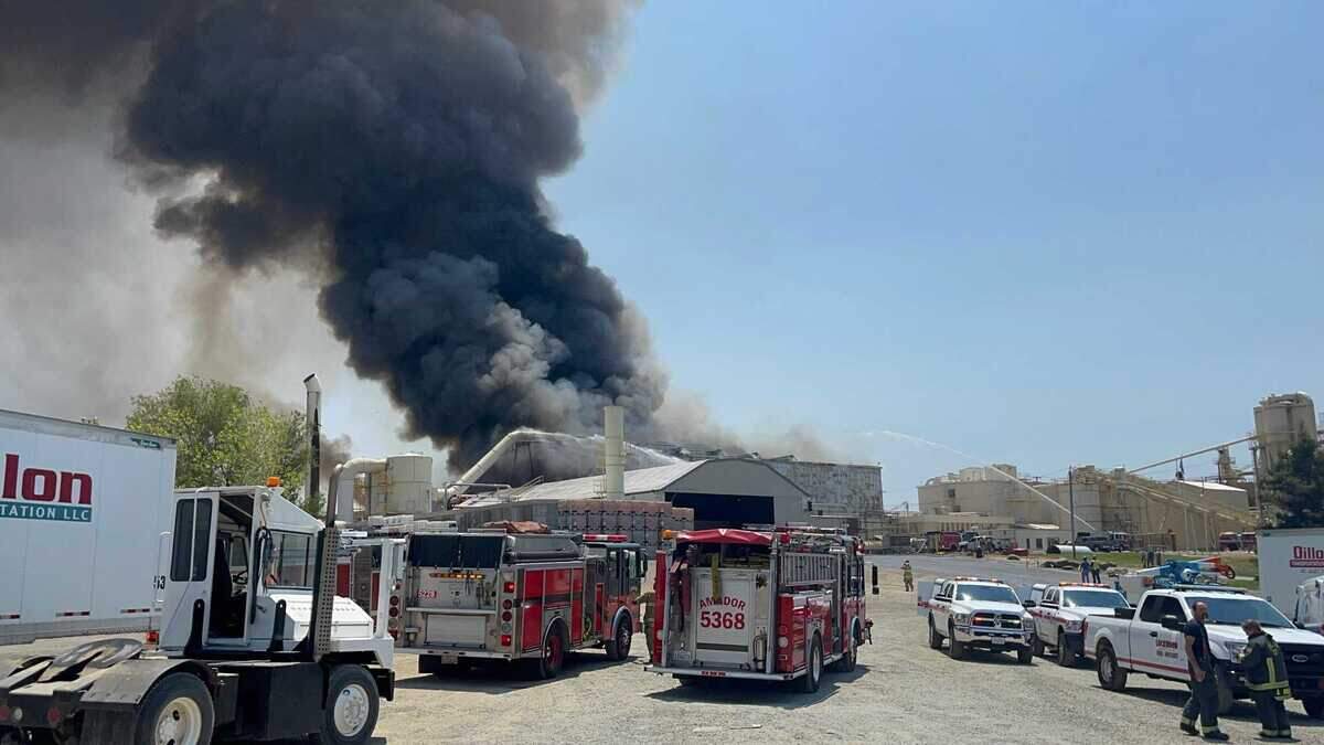 The Ampine facility, a timber processing company in Martell, Calif., became fully engulfed in flames Monday, July 25, 2022, Cal Fire officials said. The fire spread to vegetation.