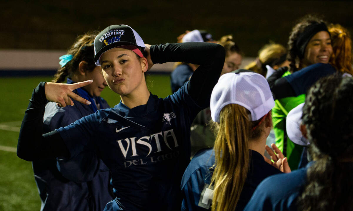 Midfielder Megan Gover models a CIF Sac-Joaquin Section Championship hat after Vista Del Lago defeated Christian Brothers to win the Division III girls soccer title on Tuesday at Cosumnes River College in Sacramento.