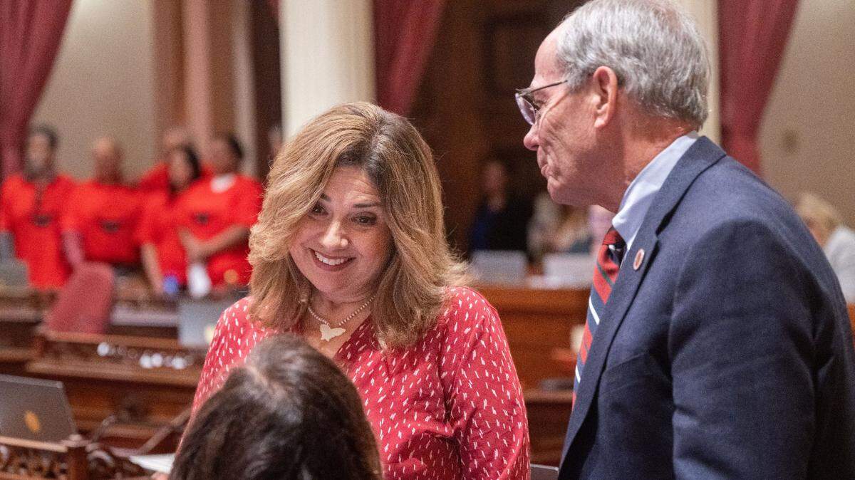 Marie Alvarado-Gil, the Jackson state senator who recently changed her party affiliation from Democrat to Republican, speaks with Republican Sens. Rosilicie Ochoa Bogh of Yucaipa and Roger Nello of Fair Oaks on Monday, Aug. 12, 2024.