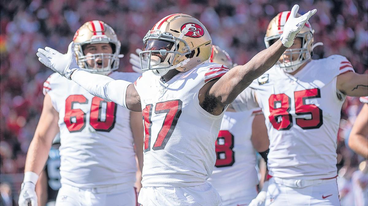 San Francisco 49ers wide receiver Emanuel Sanders (17) reacts after scoring in the first quarter against the Carolina Panthers the during a game at Levi’s Stadium on Sunday, October 27, 2019 in Santa Clara.
