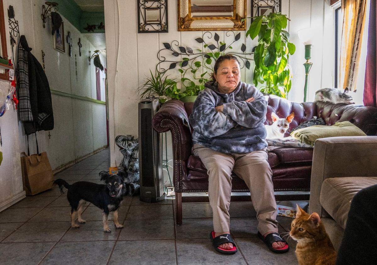 Sandra Jauregui, 50, sits in her North Sacramento home with her pets earlier this month. Jauregui, who works seven days a week at two Jack in the Box restaurants and a laundromat, stands to benefit from the FAST Recovery Act – a law that would create a government-backed council to set pay and workplace safety standards across California’s fast-food industry. The law has been put on hold by an initiative campaign that could repeal it it 2024.