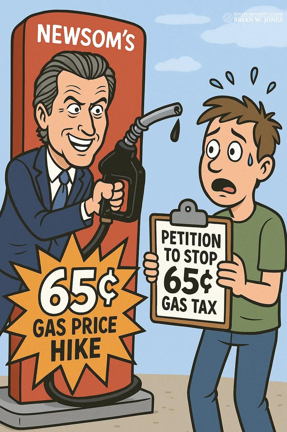 Senate Minority Leader Brian Jones, R-Santee shared this AI-generated illustration of what he calls Gov. Gavin Newsom’s 65-cent gas price hike on X, Wednesday, June 25, 2025.