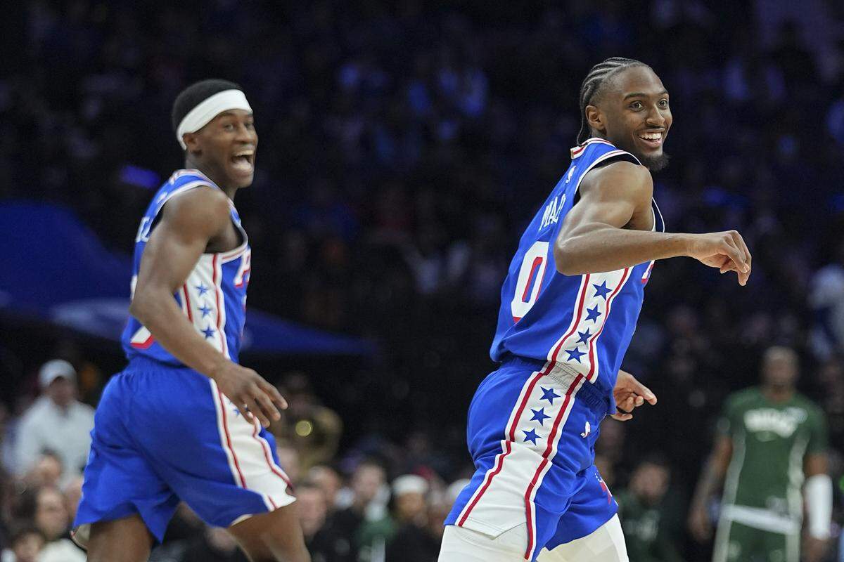 Tyrese Maxey, seen smiling during a game Tuesday against the Milwaukee Bucks in the second quarter at Xfinity Mobile Arena in Philadelphia, scored the game-winning shot in Thursday’s 113-111 win over the Sacramento Kings with 1 second left in the game.