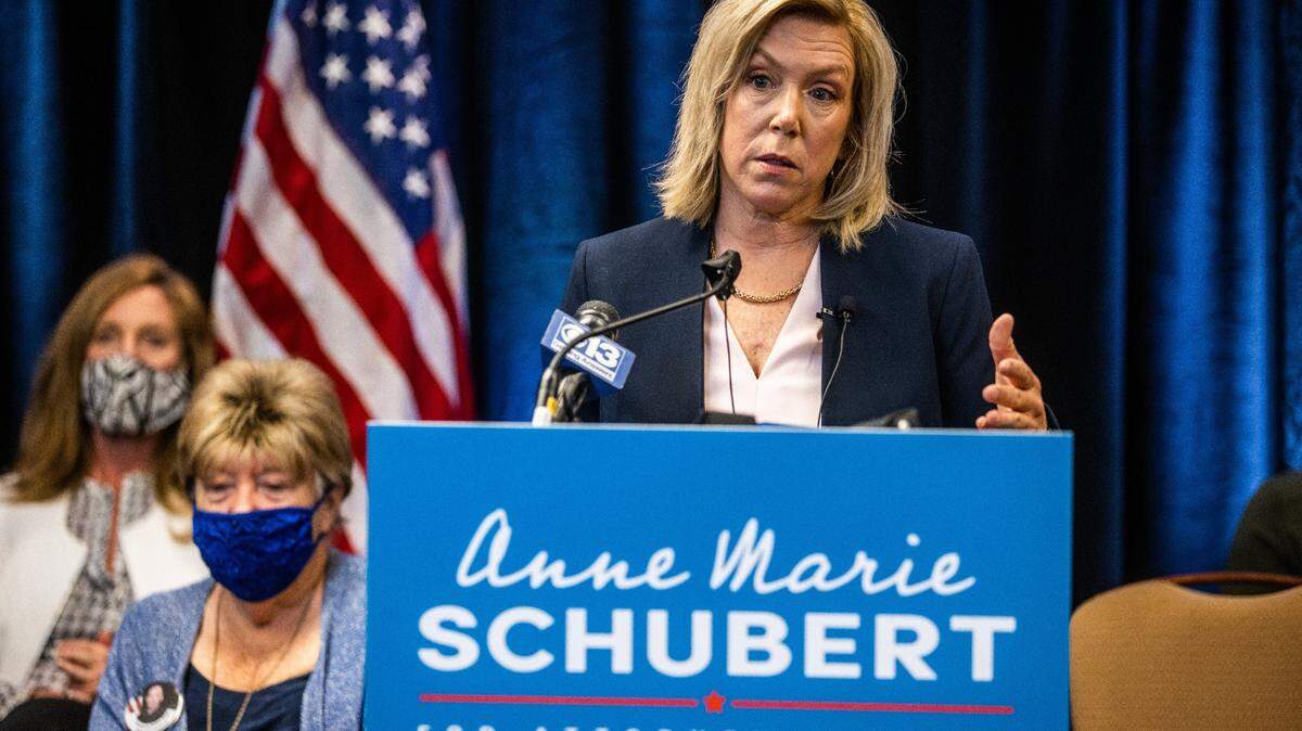 Sacramento County District Attorney Anne Marie Schubert announces her 2022 bid for state attorney general at the Hyatt Regency hotel in downtown Sacramento on Monday, April 26, 2021.