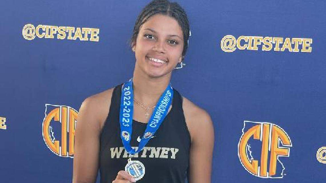 Ashanti Elie of Whitney High School won the high jump at 5 feet, 10 inches in the 103rd CIF State Track & Field Championships on Saturday, May 27, 2023, in Clovis, California.
