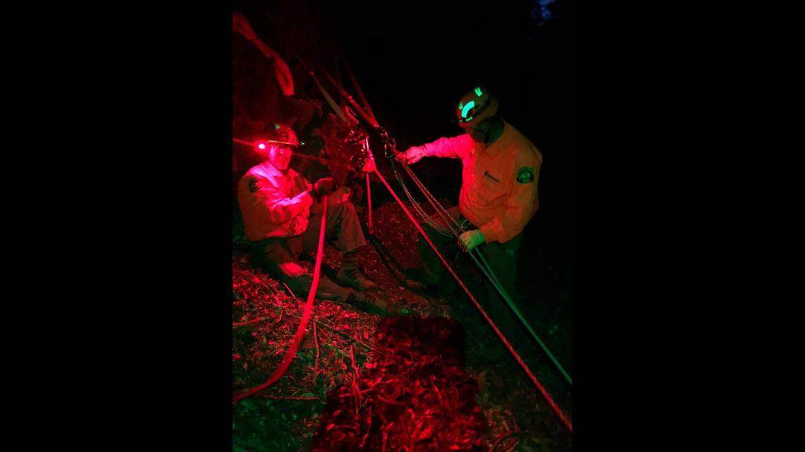 Rescuers pulled a trapped cyclist off a “treacherous” cliff in California’s Sierra County in a night operation, officials say.