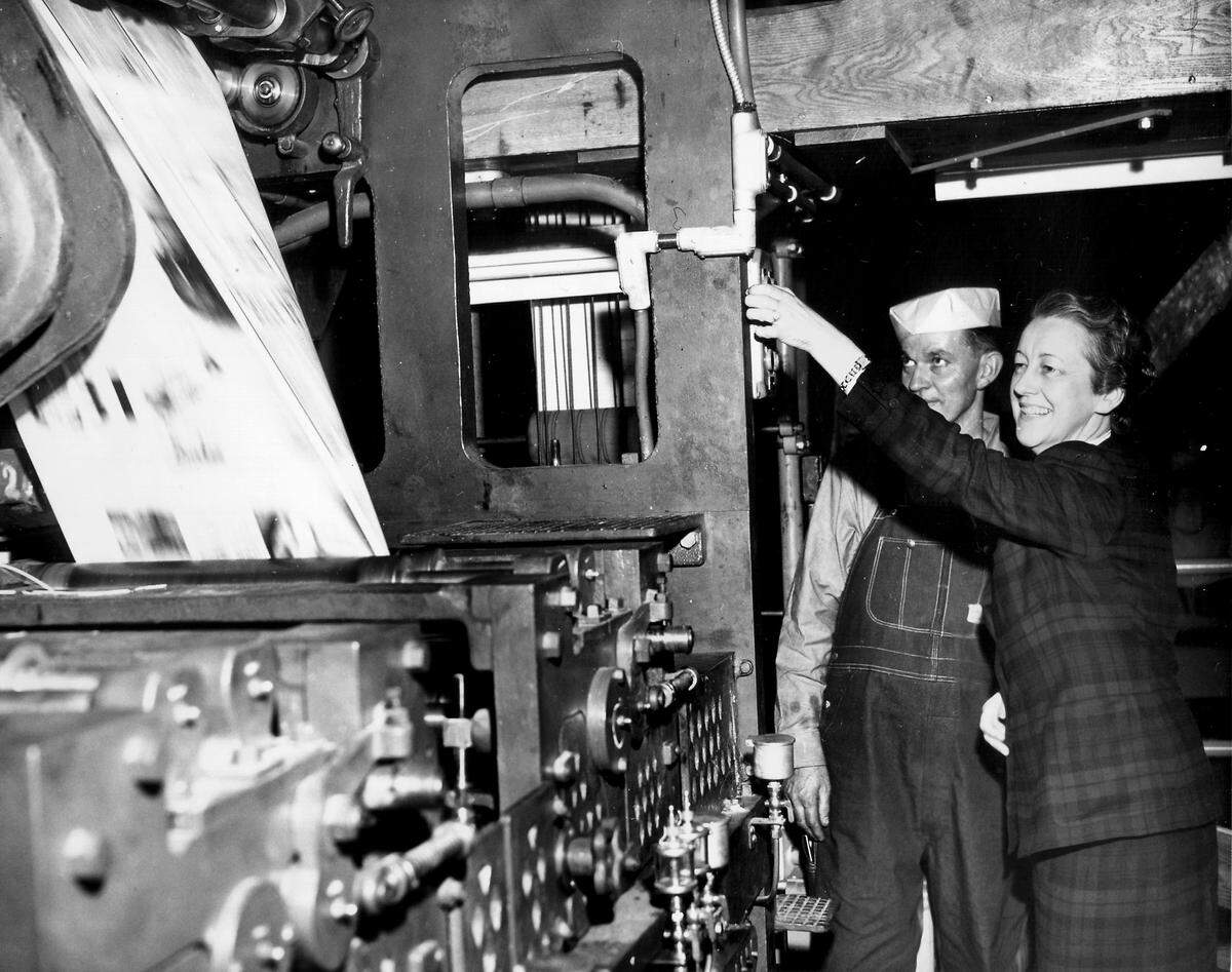 Eleanor McClatchy, shown touring the pressroom, admittedly knew little about publishing when she took McClatchy’s helm in 1936, but she went on to run the company for more than four decades.