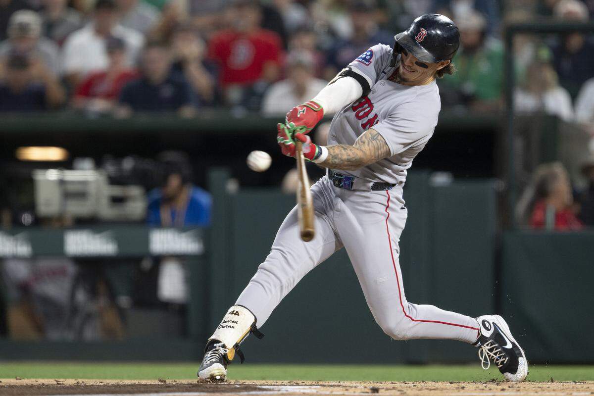 Boston Red Sox outfielder Jarren Duran (16) hits a ball during a game between the Athletics and the Red Sox at Sutter Health Park in West Sacramento on Monday, Sept. 8, 2025.