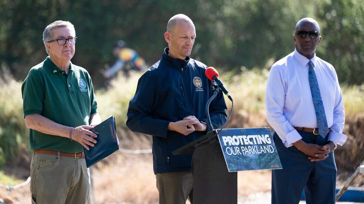 Assembly members Ken Cooley, Kevin McCarty and Jim Cooper launch a plan Friday, April 8, 2022, in Rancho Cordova to address public safety and enviromental destruction on the American River Parkway. They have introduced AB 2633 that authorizes removal of illegal campsites from parklands.
