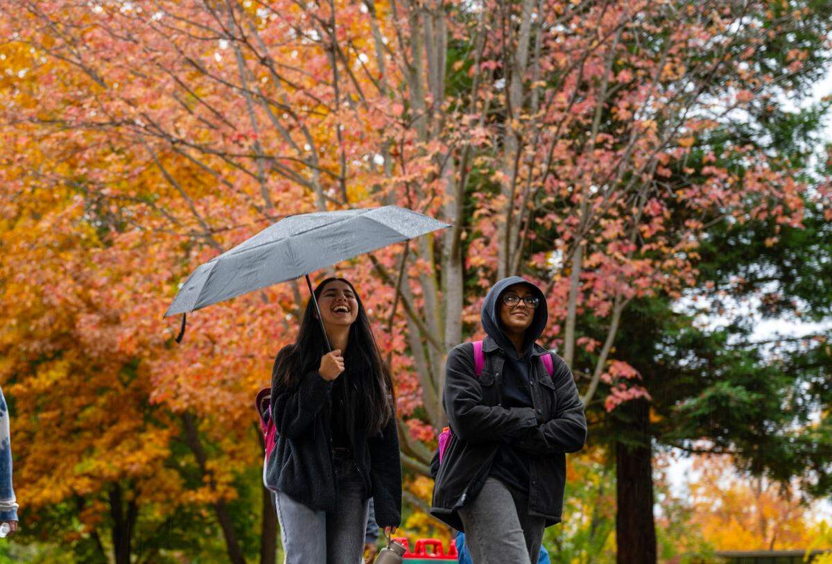 Students walk through the rain on the campus at Sacramento State on Nov. 21, 2024 in Sacramento.