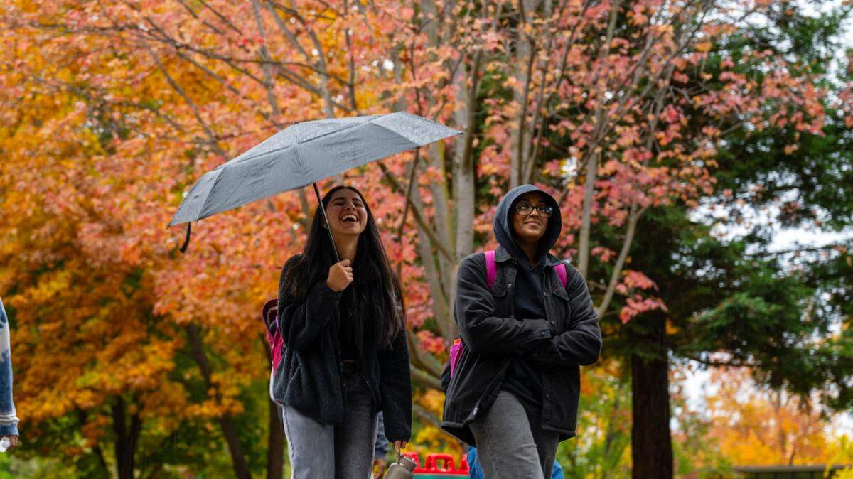 Students walk through the rain on the campus at Sacramento State. Trade workers at Sac State and other California State University campuses agreed to go on strike over the university system’s decision to provide workers with one-time bonuses instead of raises. 