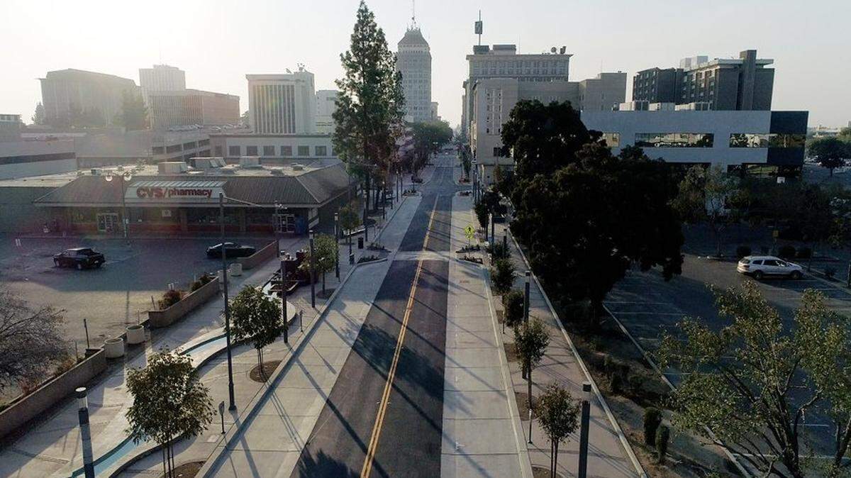 A look south on Fulton Street near Tuolumne Street in downtown Fresno is observed in this aerial drone image photographed on Sunday, Oct. 15, 2017.