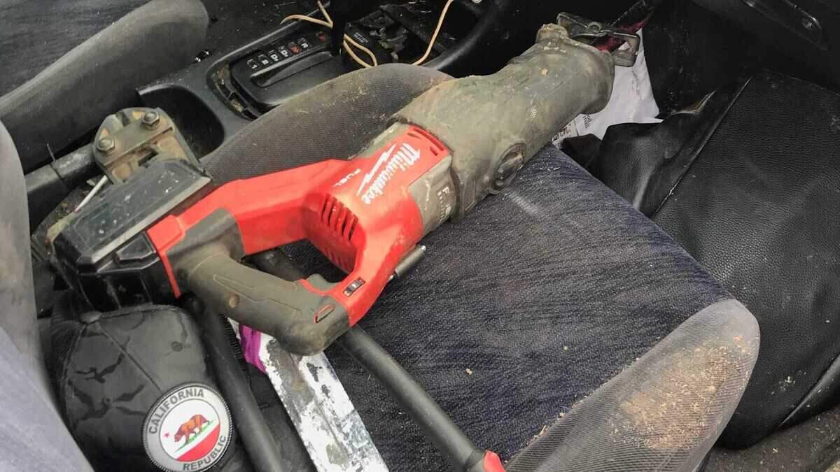 Investigators say they found a reciprocating saw on the front passenger seat of a vehicle belonging to a suspect in a catalytic converter theft in Sacramento County.