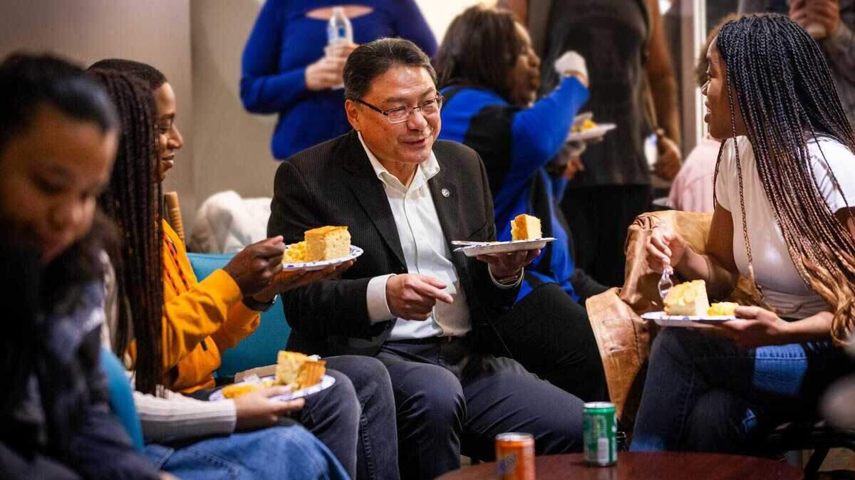 Sonoma State University President Mike Lee talks with students in February during a lunch sponsored by the Black Student Union at the Rohnert Park campus. Lee announced he would retire after being placed on leave for detailing an agreement he struck with pro-Palestinian protesters on campus.