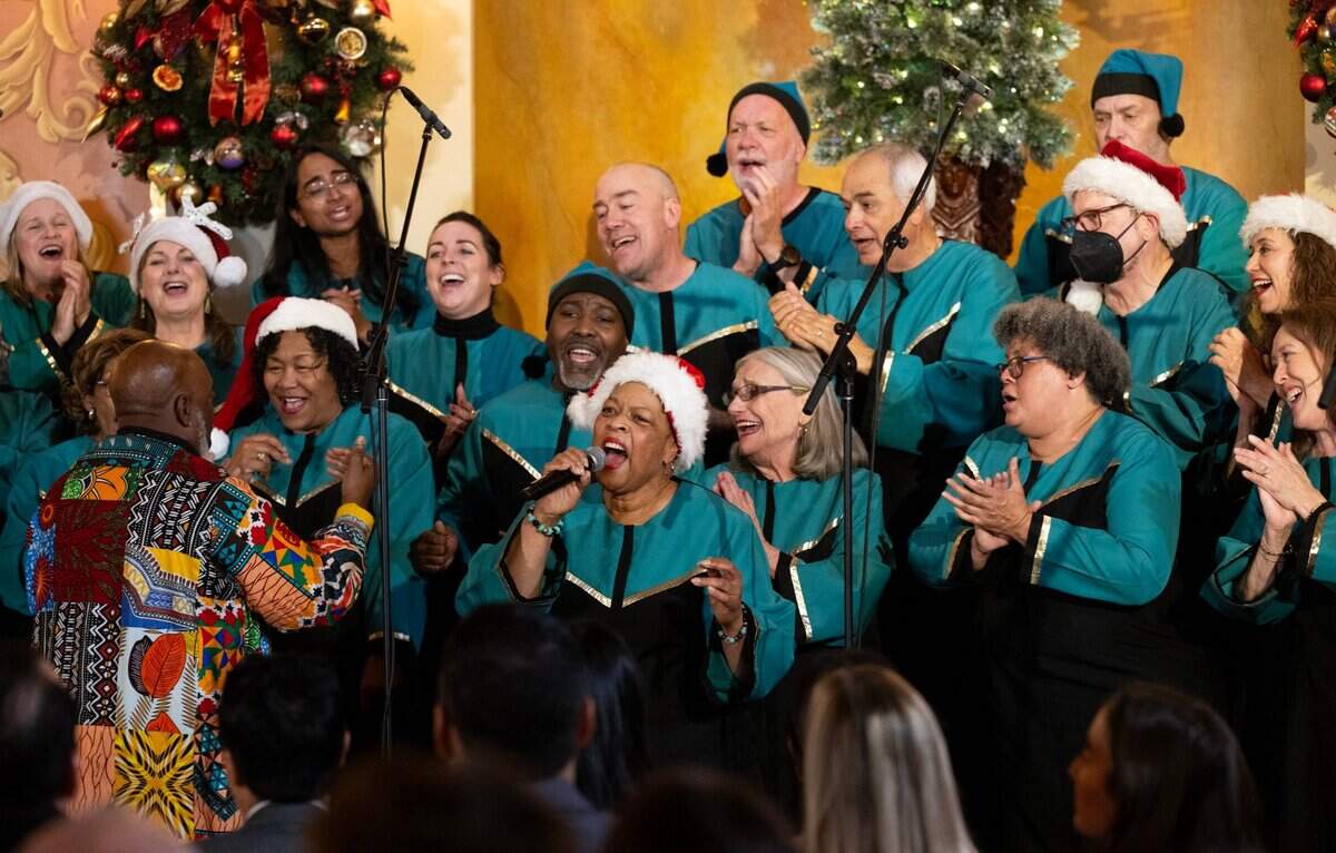 The Oakland Interfaith Gospel Choir sings “Oh Happy Day” during the 93rd annual California Capitol tree lighting ceremony inside the state Capitol in Sacramento on Wednesday, Dec. 11, 2024.