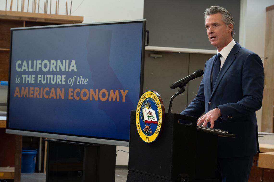 Gov. Gavin Newsom spoke at a California Jobs First press conference at California State University Stanislaus in Turlock on Monday where he previewed budget toplines.
