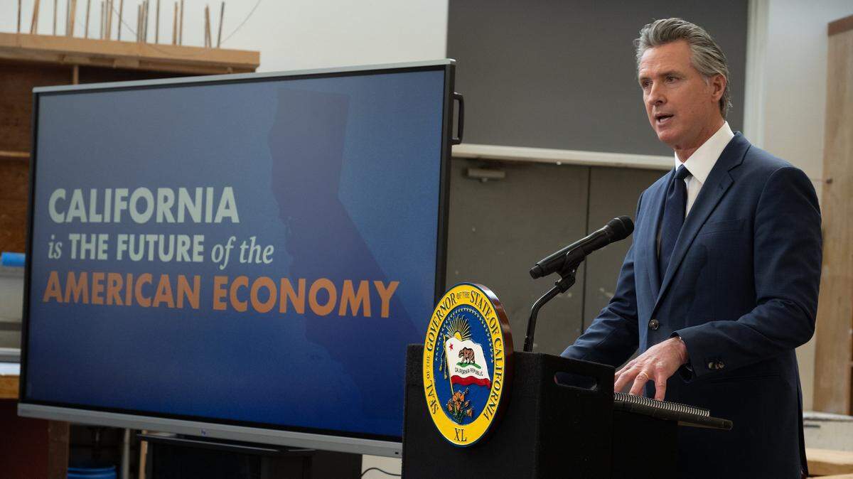 Gov. Gavin Newsom spoke at a California Jobs First press conference at California State University, Stanislaus where he previewed budget toplines in Turlock, CA in January 2025. Newsom has urged “balance” when regulating artificial intelligence in the state.