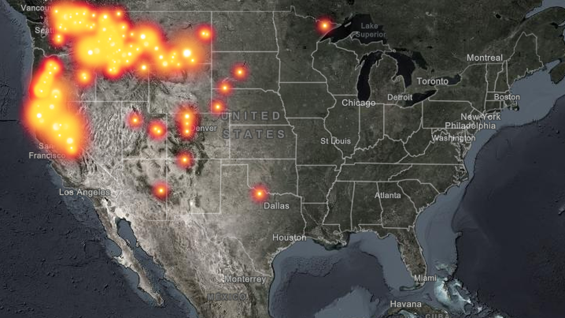 A real-time map shows 199 wildfires in the U.S. — and one’s the second largest in California state history. (Map was created by Esri’s Jinnan Zhang and John Nelson using Firefly symbology)