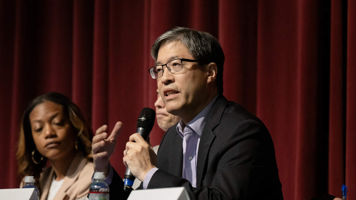 Candidate Dr. Richard Pan gives an opening statement at the District 6 candidate forum, held Wednesday, April 22, 2026, at Sacramento’s Benvenuti Performing Arts Center.