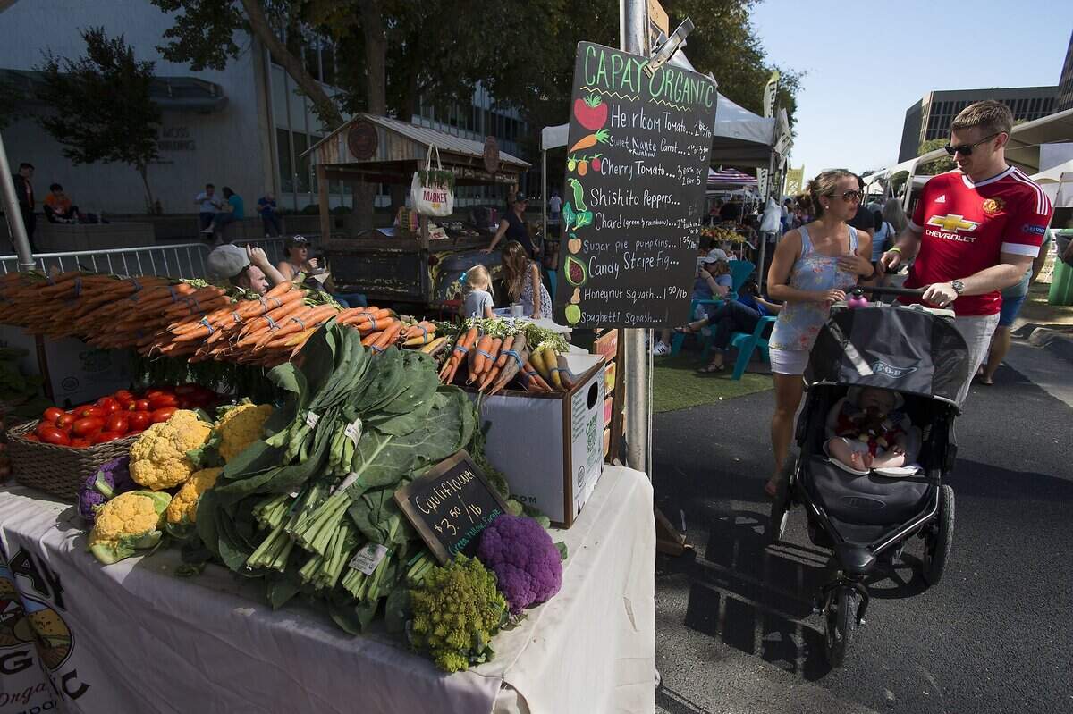 A colorful display of organic vegetables from Capay Organics tempt visitors during the annual Farm-to-Fork Festival on Capitol Mall in Sacramento in 2016. The event returns to Sacramento on Friday, Sept. 20, and Saturday, Sept. 21, 2024.