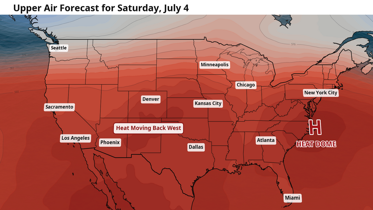 The forecast for the upper atmosphere on Saturday, July 4. The heat dome is starting to erode and allowing some heat drift back west.