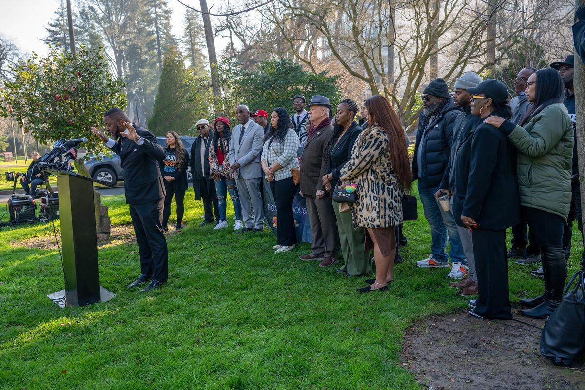 Rev. William DeArmond of Hilliard AME Zion Church in Stockton speaks during a news conference at Capitol Park in Sacramento on Tuesday calling on the Legislature to prioritize investments in crime and harm prevention following the November mass shooting. The press conference was held by survivors of Stockton violent crime.