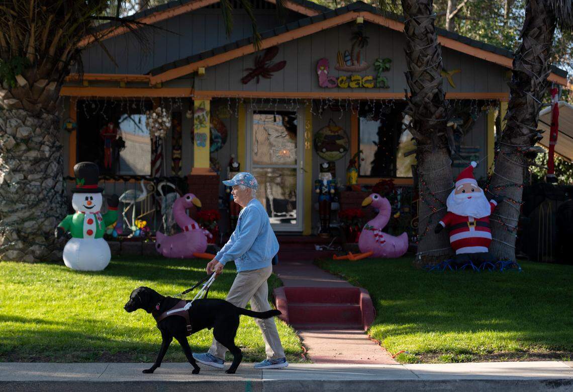Jackie Young of Roseville walks around with her guide dog “Lopart” on Wednesday, Dec. 1, 2021.