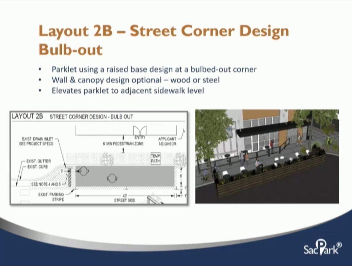 An alternative street corner design for restaurants and City of Sacramento Parking Services preferred outdoor design for newer businesses.